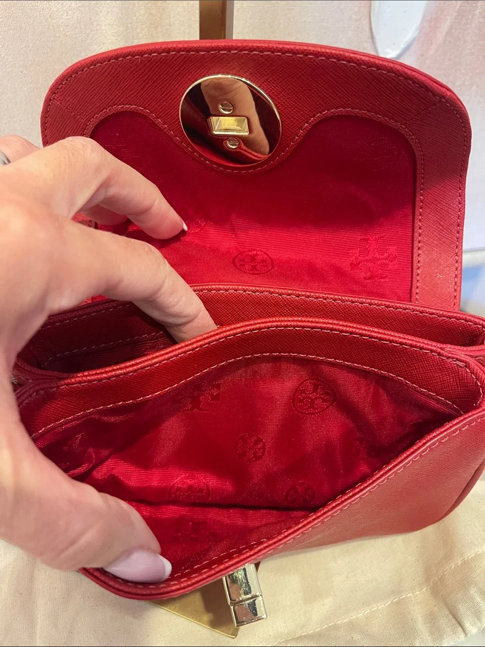 Tory Burch Red Saffiano Crossbody with Gold Emblem